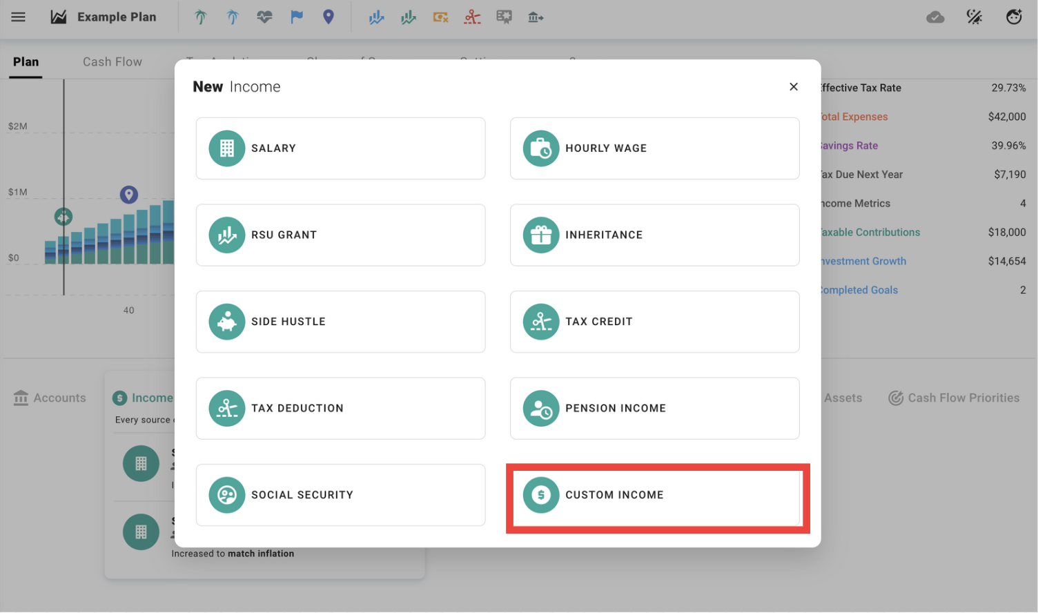 Adding custom income in VisionWealth